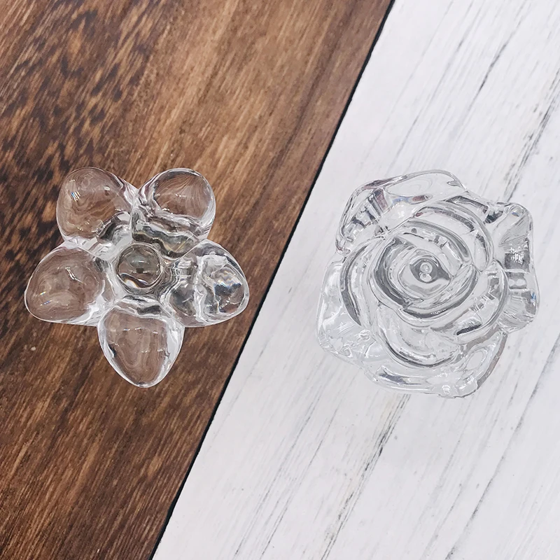 6pcs Clear Crystal Glass Romantic Rose Cabinets Pulls Door Knob European Style Cupboard Wardrobe Door Drawer Handle Pulls