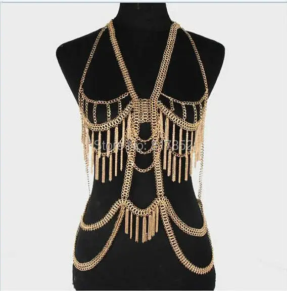 

New Style BY450 Women Fashion Long Gold Layered Chain Fringe Bib Necklace Body Jewelry Belly Dancer Harness Chains Jewelry