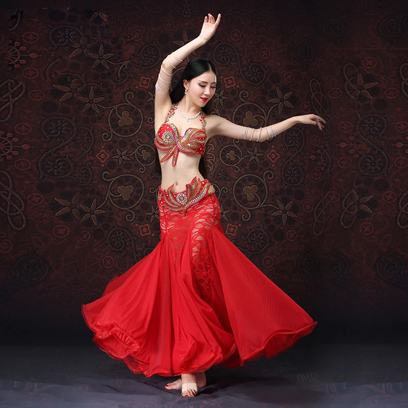 Stage Performance 2018 Belly Dancing Clothes Oriental Dance Outfits Sexy Lace Belly Dance Beaded Costume Set Bra Belt Skirts