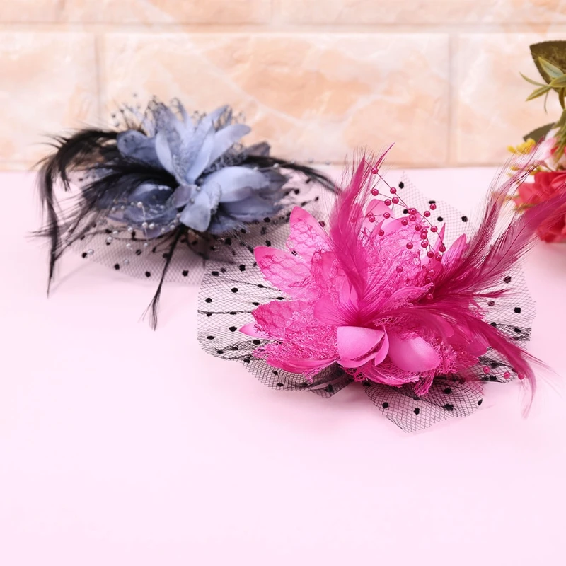 2018 Fashion 1 Pc Women Bridal Mesh Bow Feather Beads Wedding Fascinator Dot Veil Hair Clip Brooch Hot New Design 10 Colors