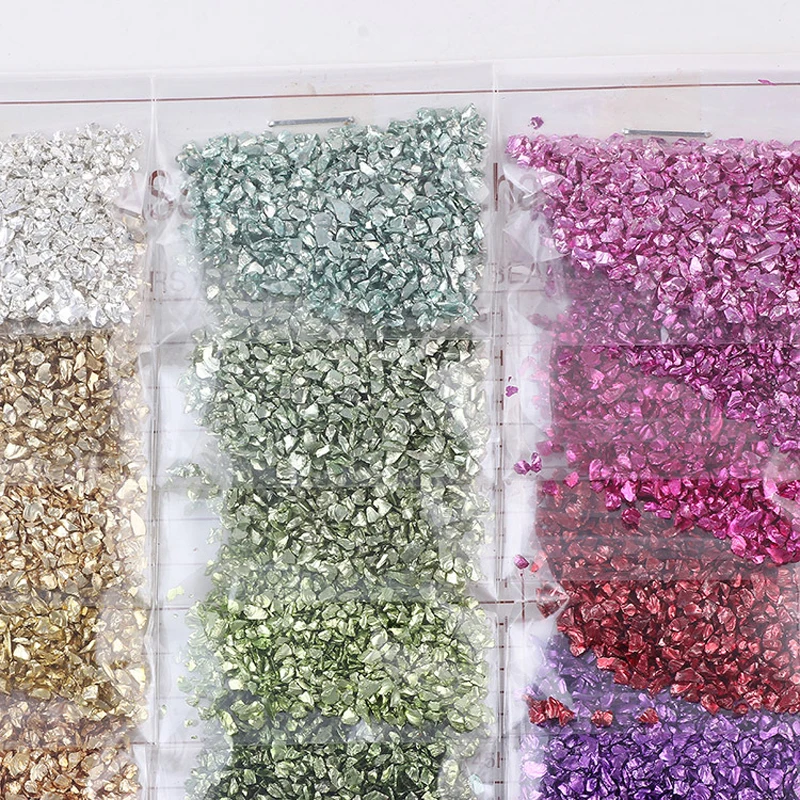 12 Colors Crushed Glass for Crafts,  Irregular Glitter Metallic Chips Gravel Gem Stones 20G Crushed Glass Irregular Stone