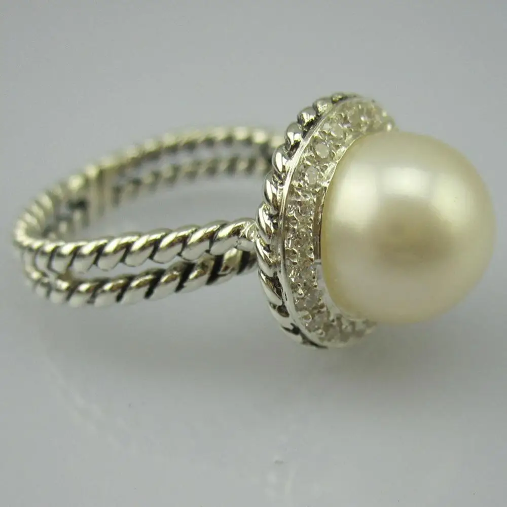 Solid Sterling Silver Jewelry Pave Diamond Cable Pearl Ring 9.5-10MM Natural freshwater pearl Ring 925 Silver Women Ring