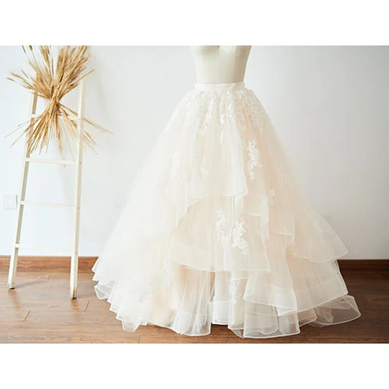 

Elegant Long Tulle Skirt with Appliques High Waist Big Swing Lush Maxi Skirt for Women Dramatic Bridal Prom Gown Female Skirt