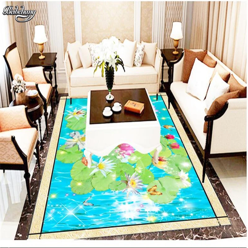 beibehang Stereo beautiful lotus pond floor custom large fresco pvc wear resistant waterproof floor papel de parede para quarto