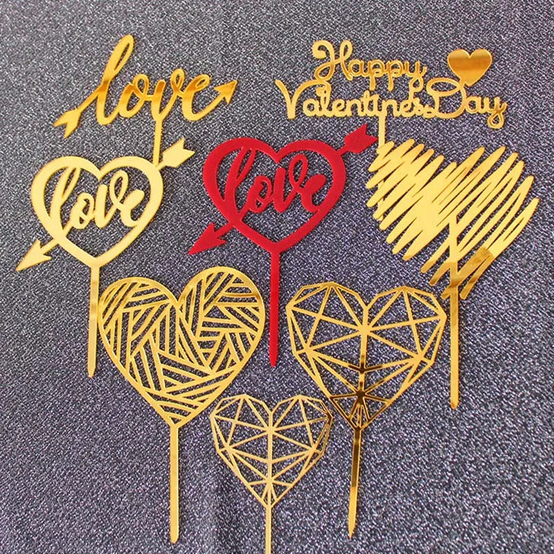 2022 New Wedding Acrylic Cake Topper Love Heart Gold Cupcake Topper for Happy Valentine's Day Anniversary Party Cake Decorations