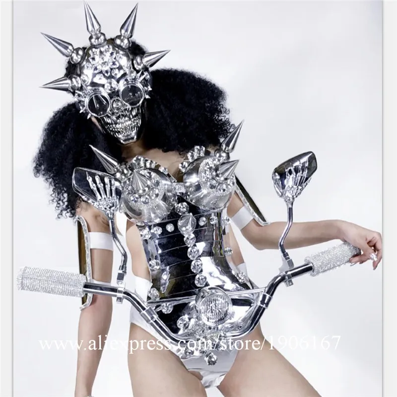 

Fashion Silver Metal Female DS Ballroom Locomotive Head Costume With Skull Mask Dance Team Party DJ Stage Performance Clothes