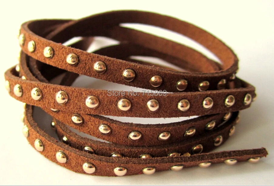 Free Ship 100 Meters Brown  5 x1.5mm w/ Gold Rivet Accents Microfiber Flat Faux Suede LeatherLace Cord For DIYJewelry