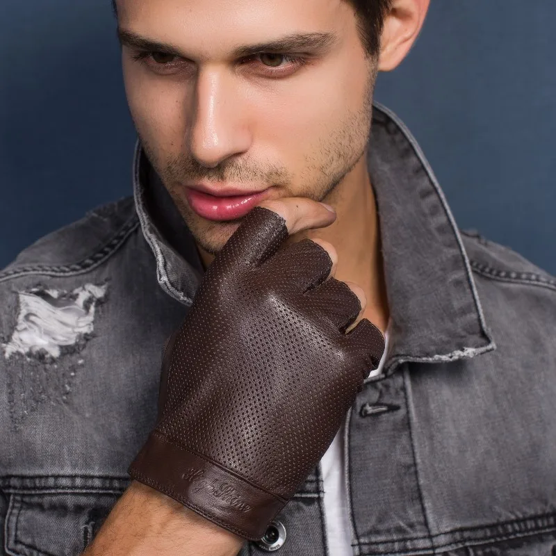 HIGHSHINE Mens Fingerless Leather Driving Gloves Male Breathable Lambskin Unlined Half Finger Gloves