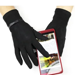 Suede Knitted Gloves Women's Touch Screen Thin Elastic Man-Made Material Black Spring and Autumn Warm Hand Finger Gloves