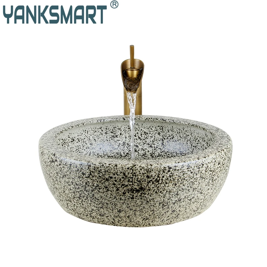 YANKSMART Bathroom Sink Hand Paint Washbasin Tempered Ceramic Basin Sink With Waterfall Faucet Taps Vessel Water Drain Set