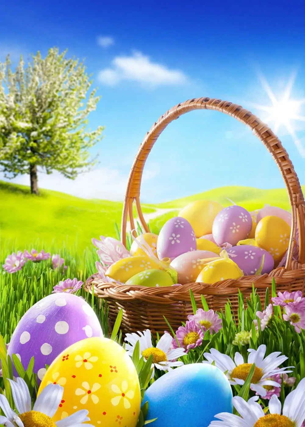 خلفية صورة كابيسكو لعيد الفصح، بيض عيد الفصح السعيد، زهور الربيع، عشب فاتح، خلفية تصوير للأطفال باللون الأخضر