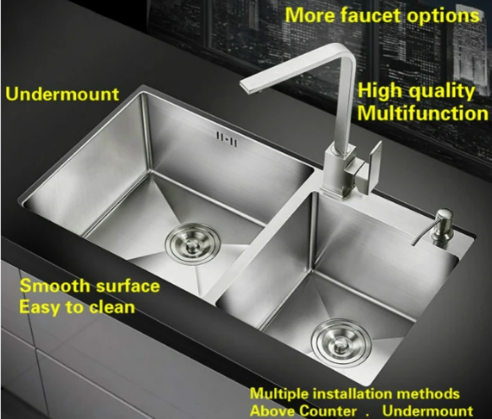 Free shipping hand made of 304 stainless steel kitchen sink thickening double groove 720x400 MM