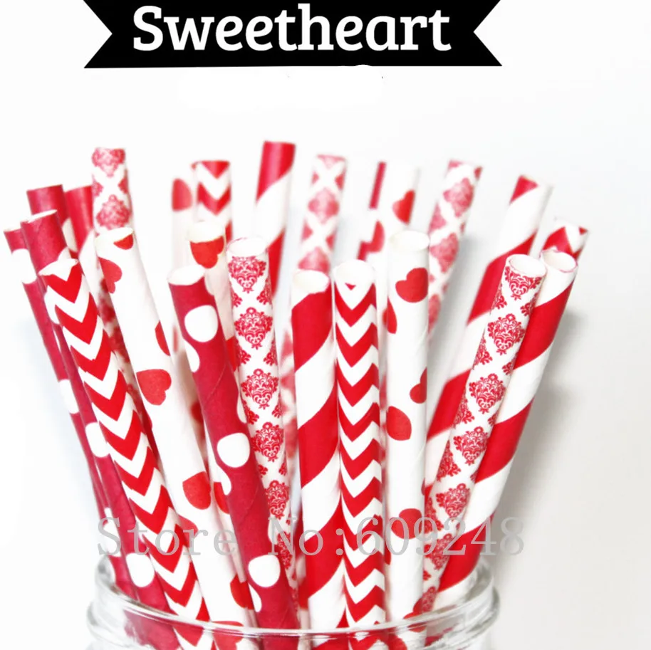 125 Pcs Mix Colors Sweetheart Paper Straws,Red Heart,Stripe,Chevron,Polka Dot,Damask,Wedding Birthday Party Drinking Straws Bulk