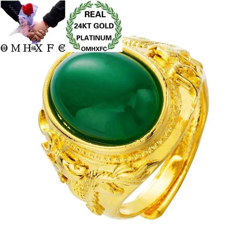 OMHXFC Wholesale European Fashion Man Party Birthday Wedding Gift Black Red Green Oval Agate Resizable 24KT Real Gold Ring RI119