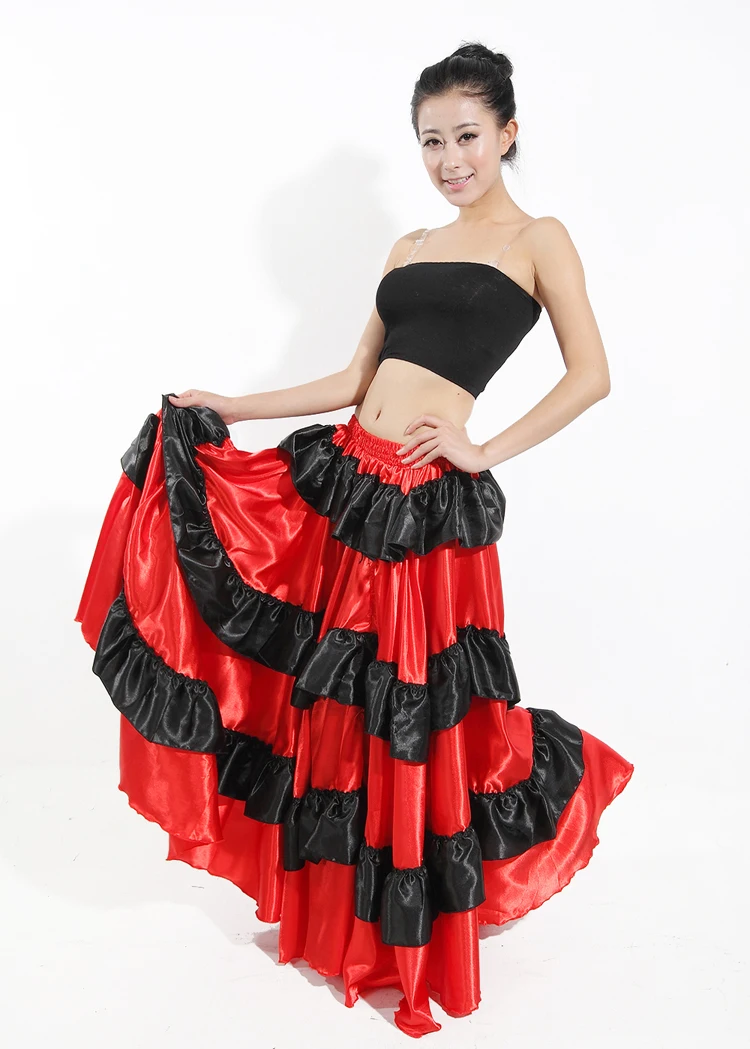 จัดส่งฟรีสเปนเต้นรําเครื่องแต่งกายสเปนประสิทธิภาพใช้ยิปซี robe de Flamenco กระโปรง Belly dance ชุดกระโปรงสีแดง