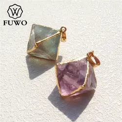 FUWO Wholesale Natural Fluorite Octahedron Pendant,Golden Plated Raw Crystal Accessories For Women Jewelry Making 5Pcs/Lot PD079