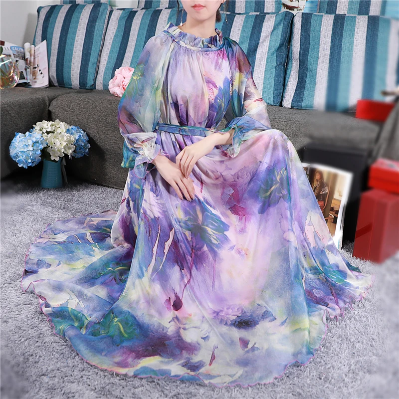 Bohemian Runway Maxi Dress Plus size Women\'s Long Sleeve Ruffle Vintage Floral Print Chiffon Party Holiday Long Maxi Dress Robe