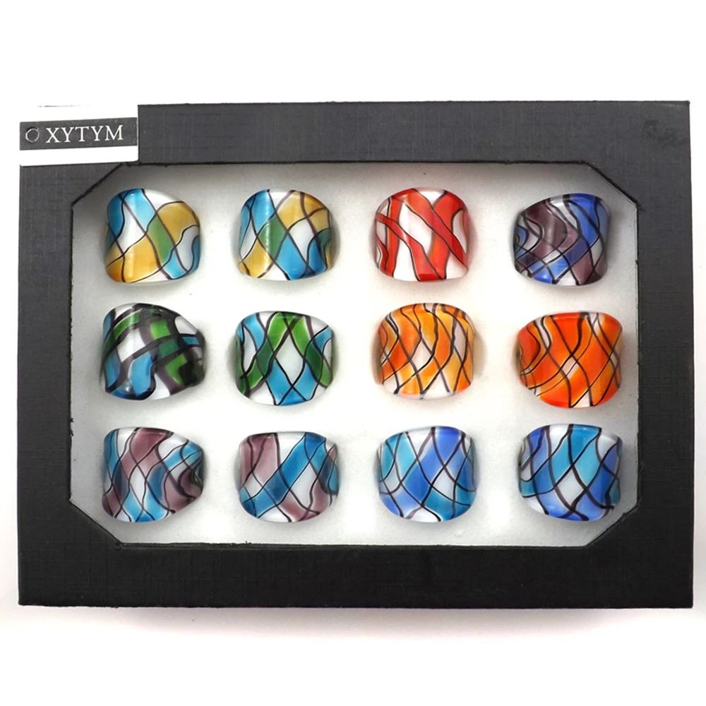 Wholesale 12pcs Silver Foil Glass Rings With Multicolor Ribbon Design, All Glass Work Jewelry