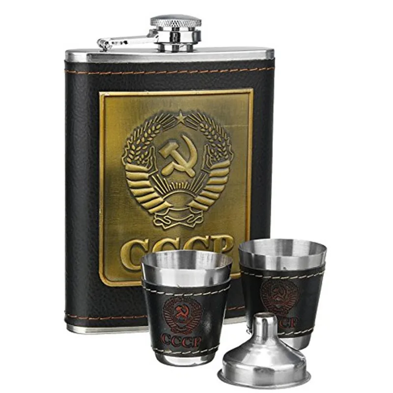 Bpa Free 8oz Pu Leather Wrapped Whisky Bottle Cccp Flagon Funnel Stainless Steel Vodka Cup Alcohol Hip Flask SET With Gift Box