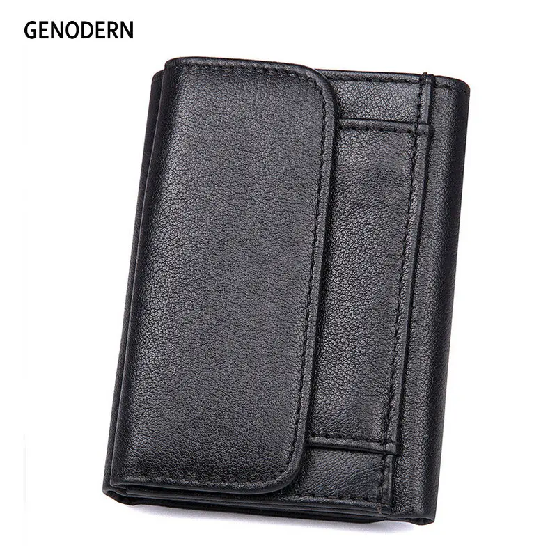 GENODERN Genuine Leather Men Wallets Fashion Short Luxury Male Purse High Quality Trifold Male Wallets with Hasp