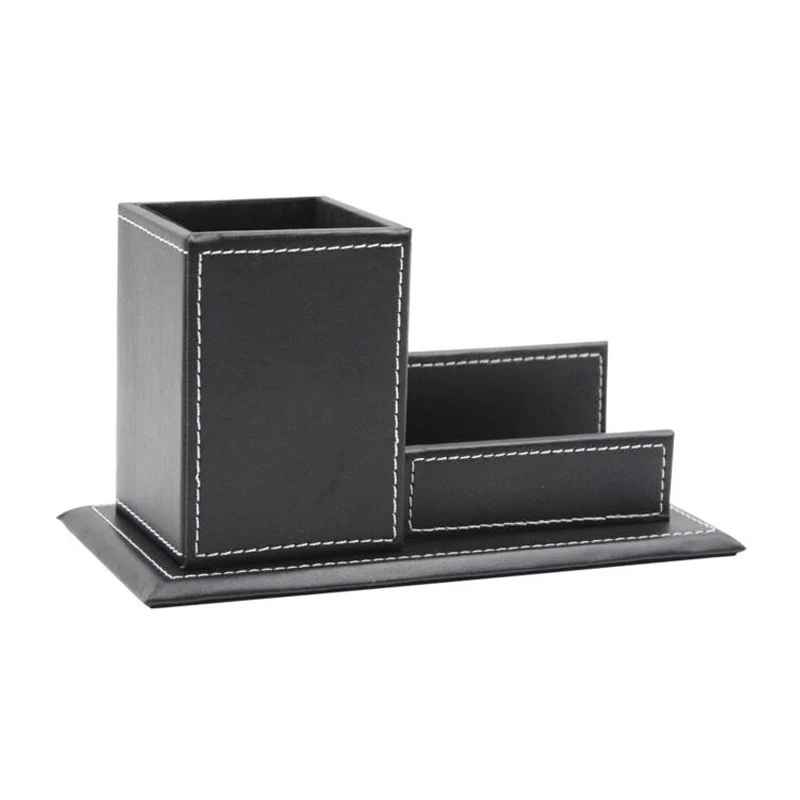 Name Card Holder Office Supplies Leather Square Pen Holder Pencils Stands Box Desk Stationery Organizer Office Brown Pen Pots