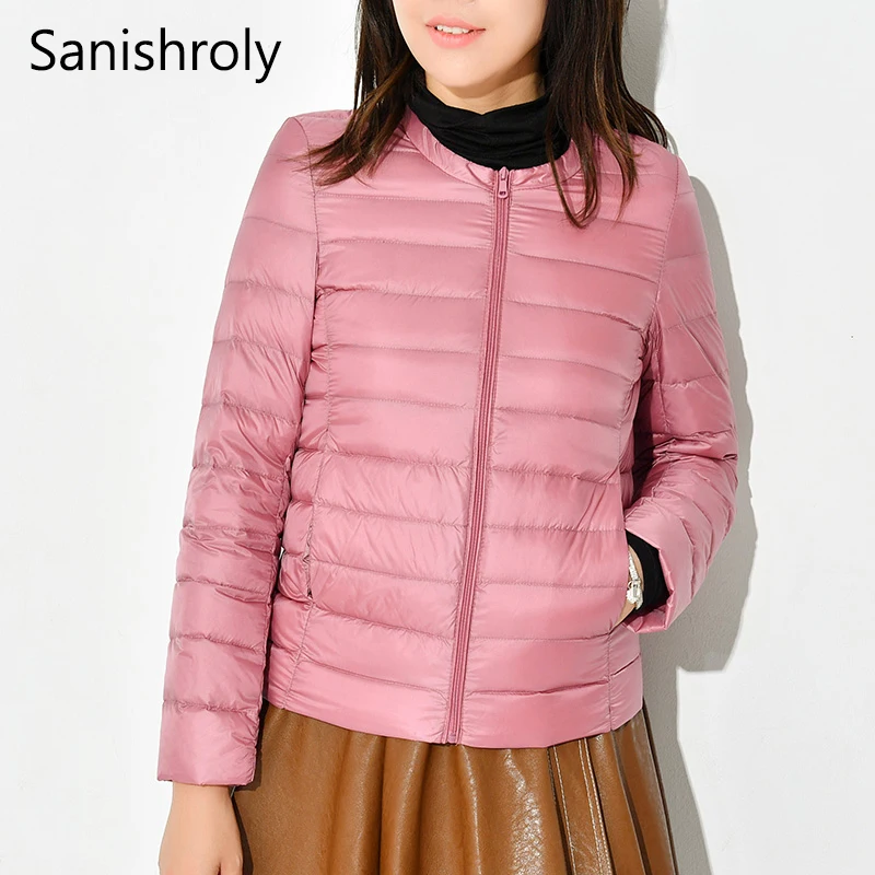 Sanishroly Autumn Women Short Jacket O-Neck White Duck Down Jacket Female Ultra Light Down Coat Parka Tops Plus Size 3XL SE596