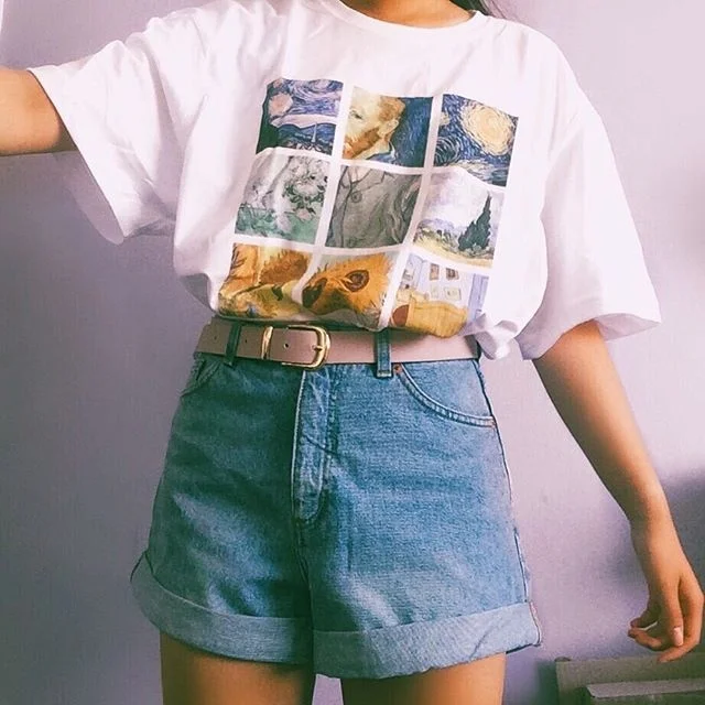

kuakuayu HJN Van Gogh Painting Vintage Fashion Aesthetic White T-Shirt 90s Cute Art Tee Hipster Grunge Top