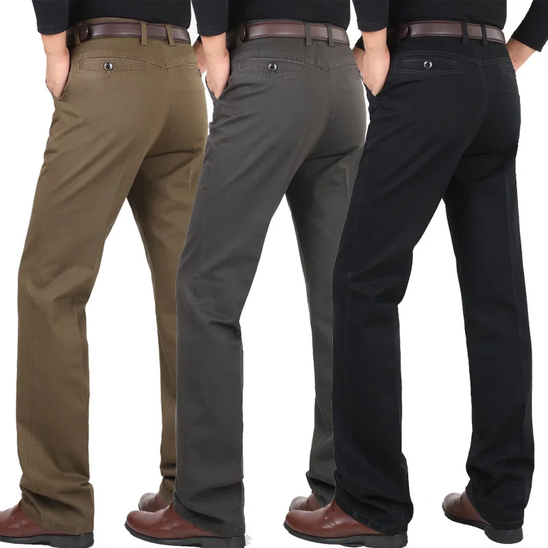 

Solid Casual pants men loose trousers spring Autumn cotton middle-aged business straight long trousers flat dress pants