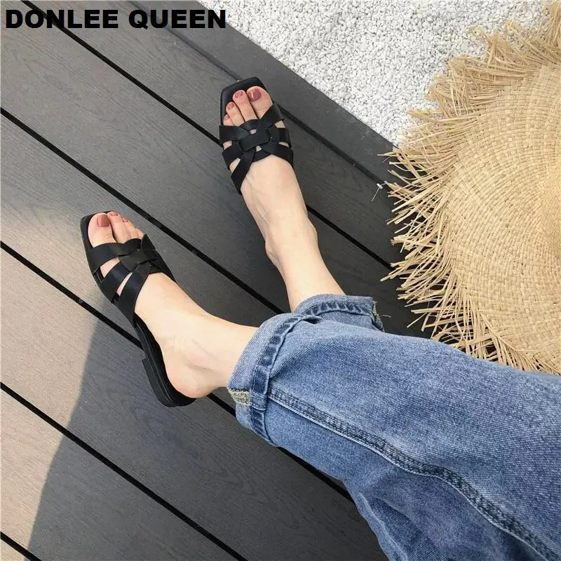 DONLEE kraliçe kadınlar marka terlik yaz slaytlar açık ayak düz rahat ayakkabılar eğlence Sandal kadın plaj Flip flop büyük boy 35-41