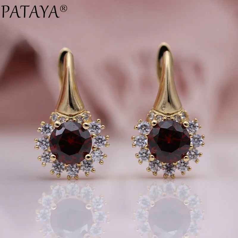 PATAYA New Round Dark Blue Wedding Dangle Earrings Women Cute Flower Fashion Jewelry 585 Rose Gold Color Natural Zircon Earrings