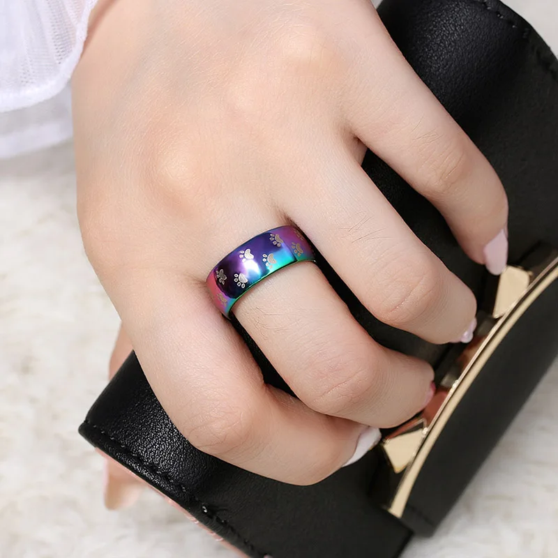 Cute Cat Dog Paw Ring Jewelry Width 8mm Stainless Steel Rainbow Rings for Men and Women Pet Animal Jewelry Lover Gift