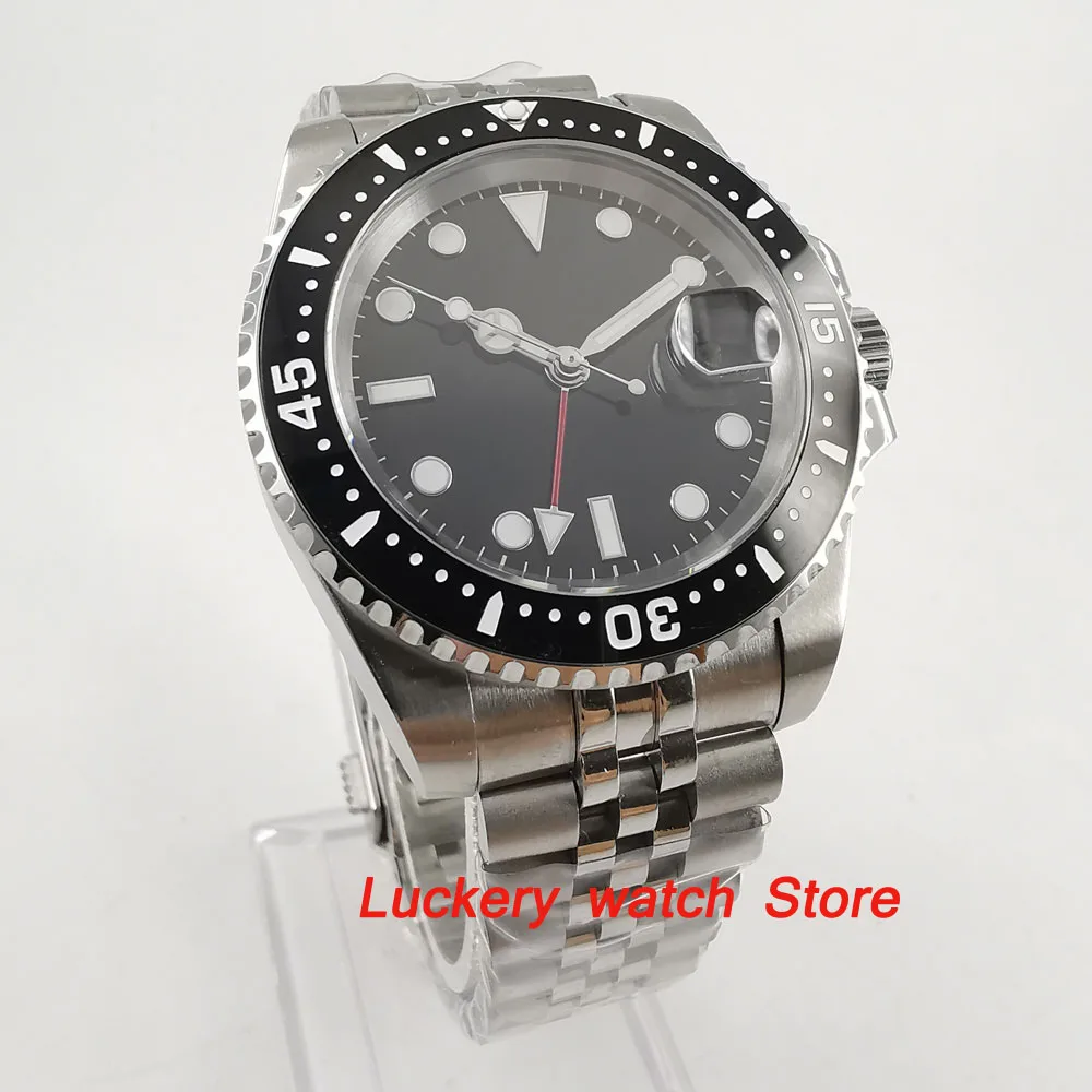 40 Mm Parnis Hitam Ceramic Bezel Hitam Panggil Merah GMT Bercahaya Tanda Sapphire Otomatis Pria Watch-PA75