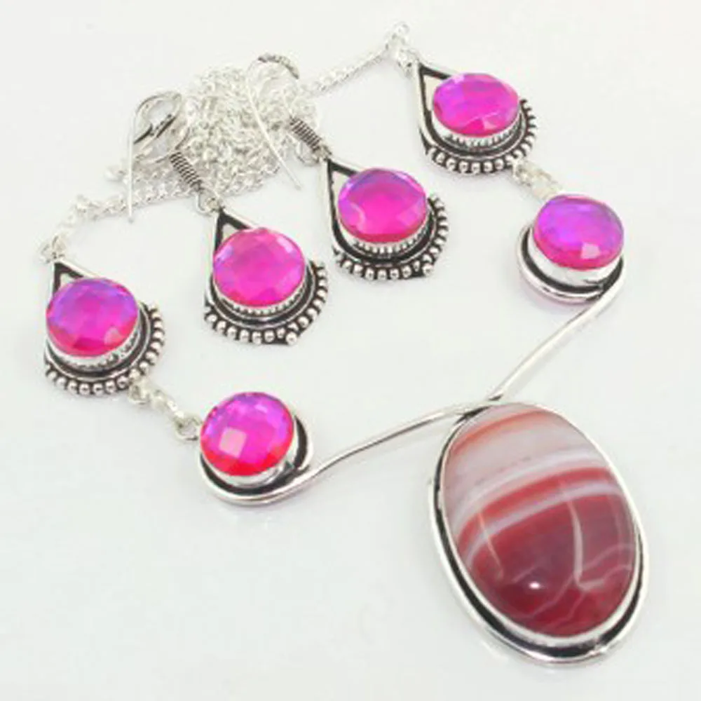 Pink Rainbow Topas & Botswana Agates    Necklace  + Ering  Silver Overlay over Copper , 44.4cm, N3679