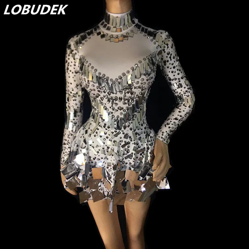 

3 Colors Silver Sequins Crystals High Elastic Short Dress Sexy Mirrors Mini Dress Female Singer Prom Party Performance Costume