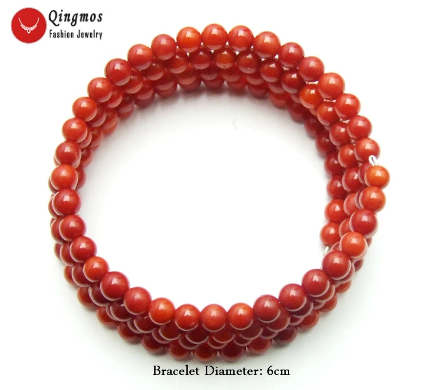 Qingmos Trendy Natural Coral Bracelets for Women with 4-5mm Round Red Coral Steel Wire Wrap Bracelet Fine Jewelry 28'' bra448