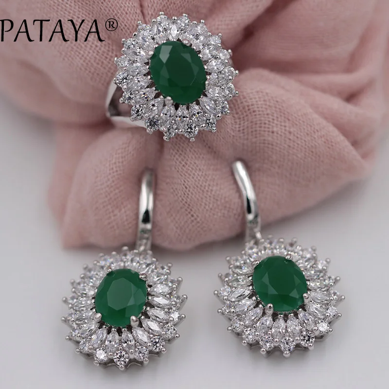 PATAYA New Women Luxury Wedding Jewelry Green Natural Zirconia Big Earrings Ring Sets True White Gold Color  Multicolor Jewelry