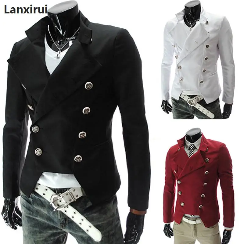 Red Black White Hombre Blazer Men Double Breasted Slim Fit Vintage Mens Blazers Jacket Youth Long Sleeve Stand Collar Brand Coat