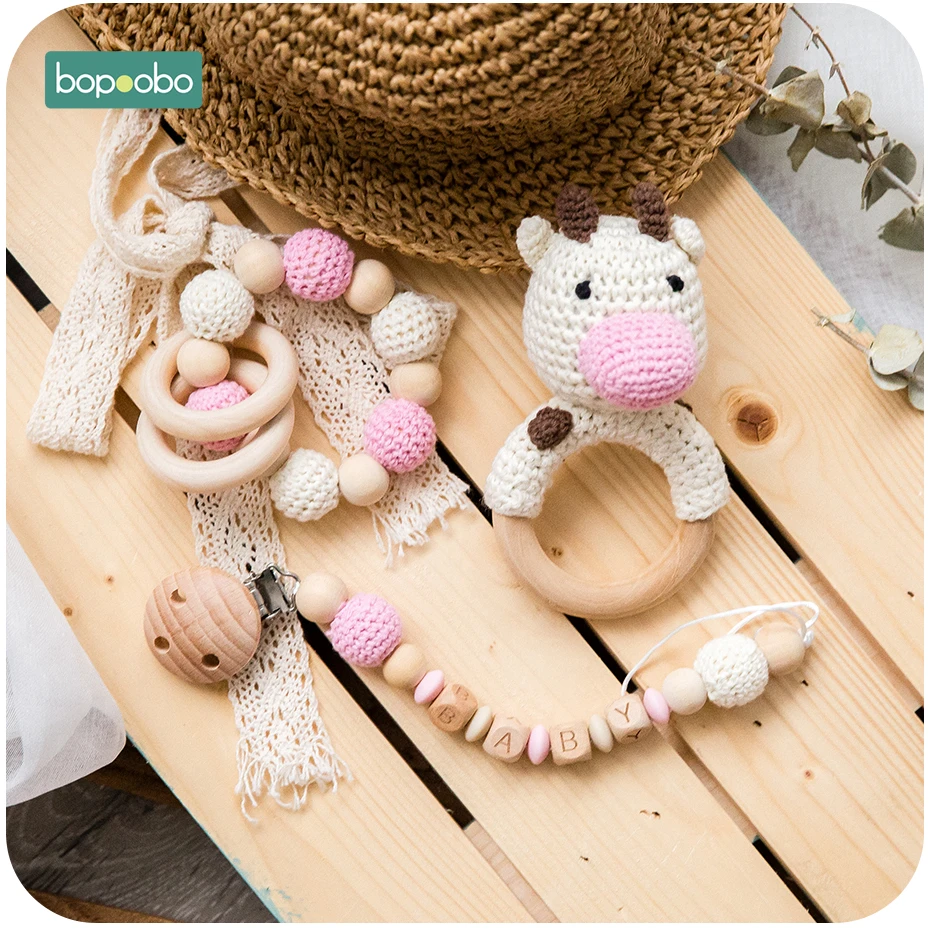 Bopoobo 1pc Baby Teether Silicone Beads Wooden Baby Pacifier Chain Baby Pram Crib DIY Customized Rattle Soother Bracelet Teether