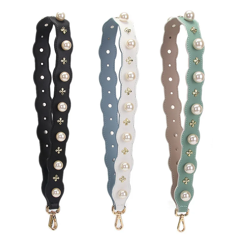 Women Leather Bag Strap Pearl Flower Handbag Handle Straps Shoulder Crossbody Replacement Belt Handmade Accessories Length 90cm