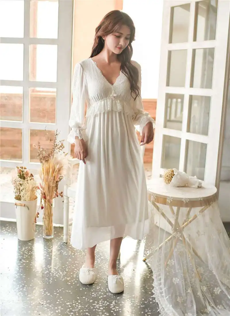 New 2019 Women Sweat Vintage Spring Lace Modal Nightgown Home Wear Gowns Lady Leisure Retro Night Wear Q8151