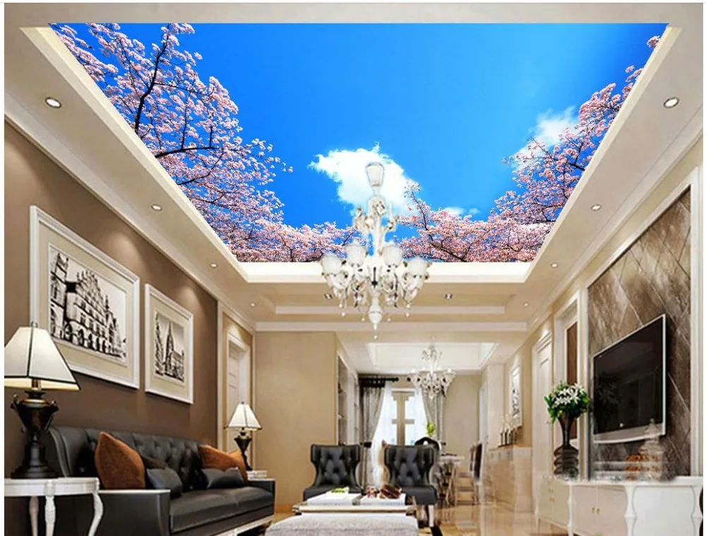 Ceiling murals wallpaper Peach leaf sky clouds of cherry blossom ceiling zenith 3d murals wallpaper for living room