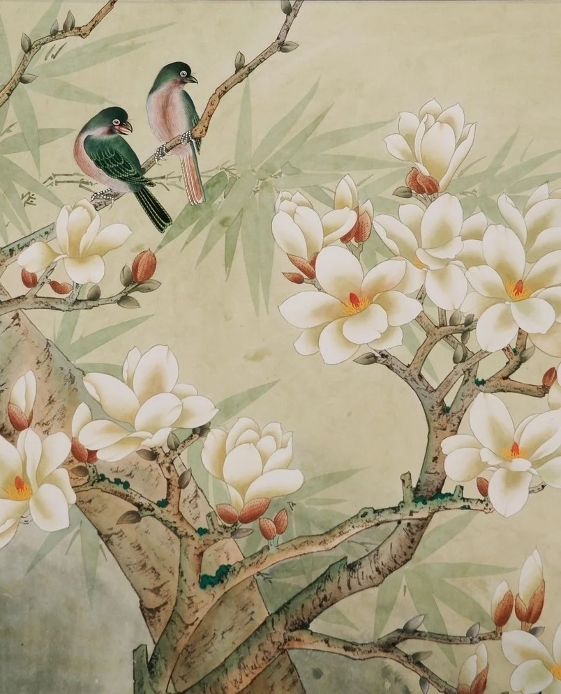 Hand-painted silk wallpaper painting Magnolia with Flower/bird hand painted wall paper TV/sofa/bedroom/living room wall covering