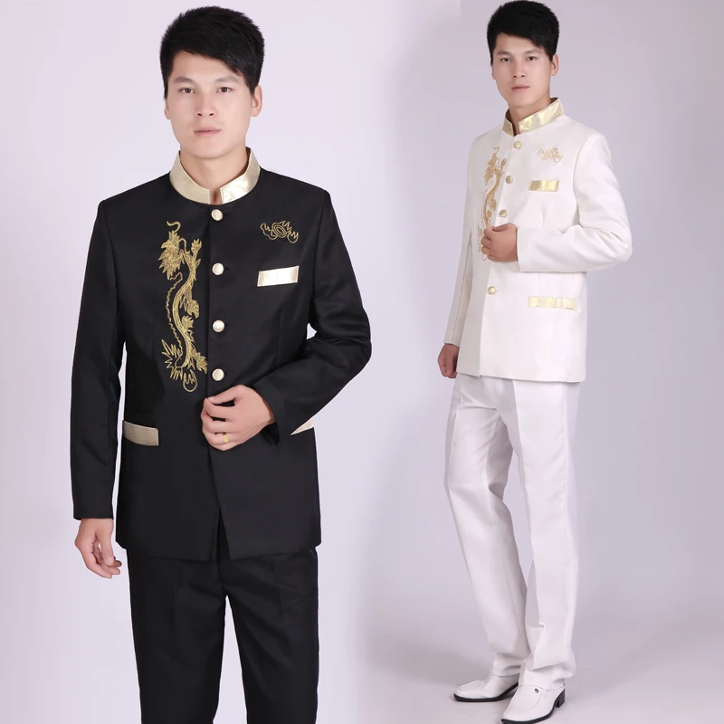 

Chinese style Embroidery Male Suits Black White Blazers Prom Party Stage Outfit Formal Singer Chorus Costume Wedding groom Suits