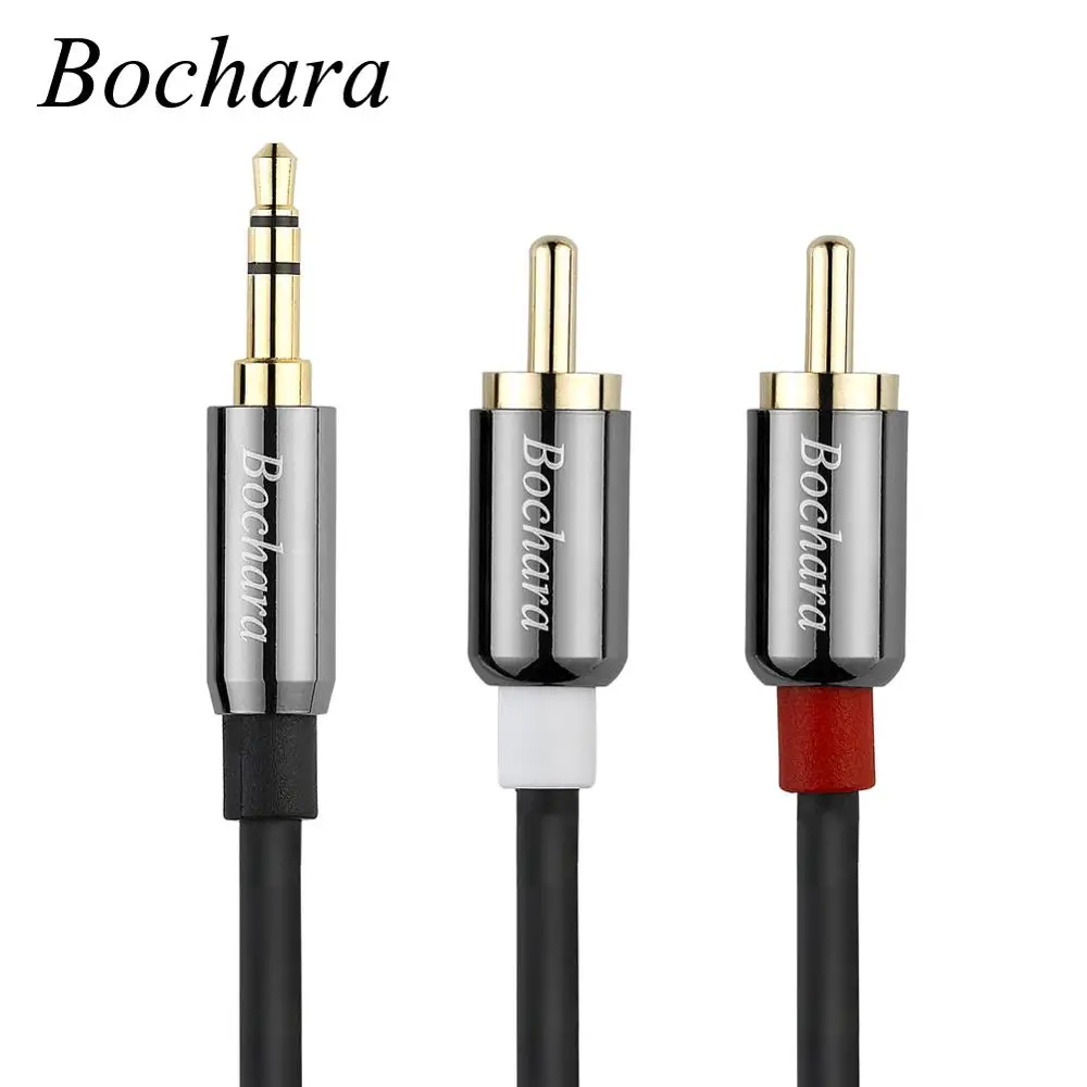 Bochara 3.5mm Stereo Jack Male to 2RCA Male OFC Audio Cable Metal+Foil Shielded For Speakers Amplifier 30cm 1.8m