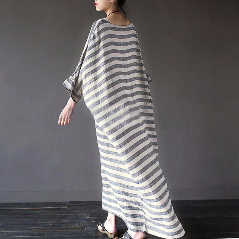 Women Cotton Linen Striped Dress 2024 Summer Loose Big Size 4XL 5XL Maxi Dress robe femme Casual Long Boho Kaftan Muslim Dress