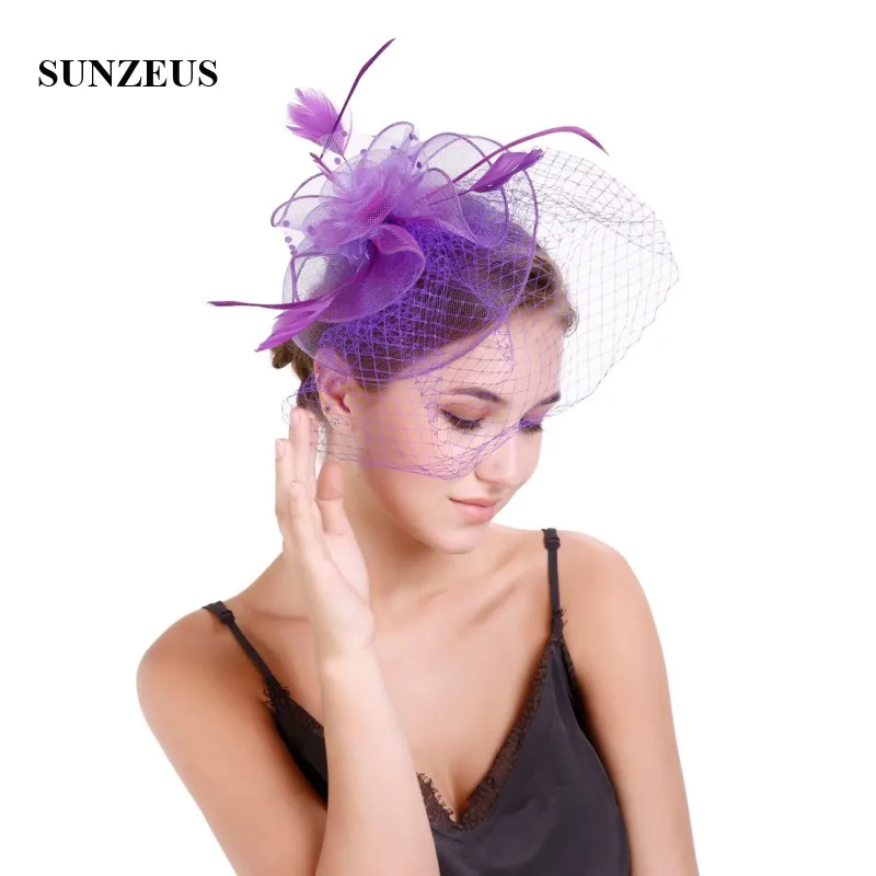 Purple Tulle Flowers Pageant Hats for Women Feathers Bridal Wedding Hat with Face Veil Wedding Accessories SH57