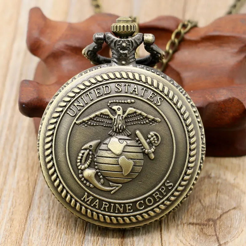 Relojes de bolsillo con esfera de números árabes de bronce antiguo para hombres, diseño del Cuerpo de Marines de los Estados Unidos, reloj de cuarzo de alta calidad