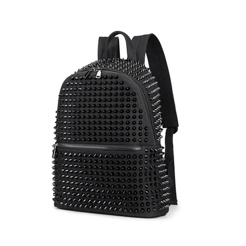 Imagen 2 del producto JIEROTYX-Mochila De cuero suave para mujer, morral escolar con remaches, color negro, lavado suave, estilo Punk, con cremallera, para viaje