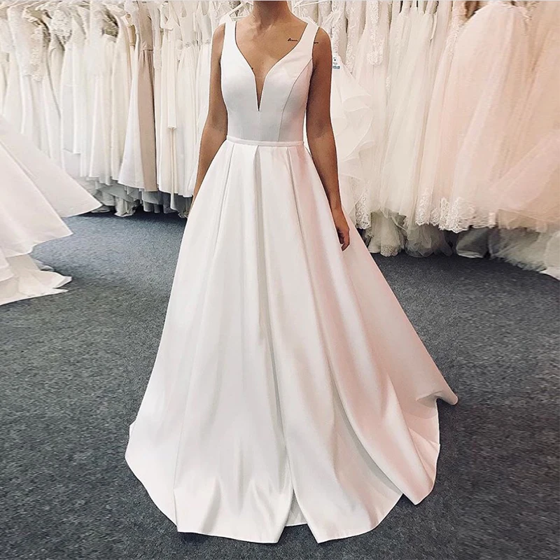 

Simple A-line Wedding Dress Sleeveless Draped Skirt Satin Cheap Bridal Dress Full Length Vestido De Novia Custom Robe De Mariee