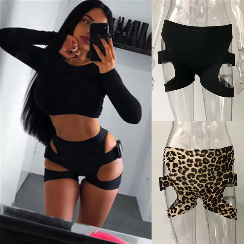 

Hirigin Sexy Girls High Waist Cut Biker Shorts Woman Elastic Slim Sporty Buckle Shorts Hollow Out Black Leopard Print Shorts New